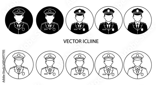 Vector icons of police officers in uniform, presented in both solid and outline styles within circular frames.