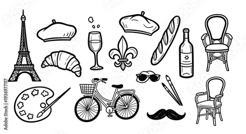 Parisian Icons Collection Featuring Eiffel Tower Croissant Wine Bicycle Beret and Art Supplies for Travel and Lifestyle Themes