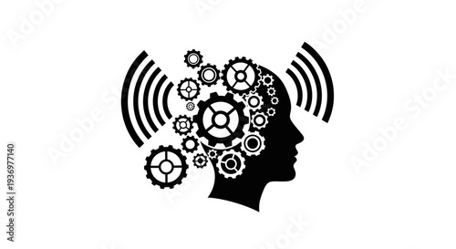 Silhouette of a human head filled with gears and cogs, emitting radiating waves, symbolizing thought, intelligence, and communication.