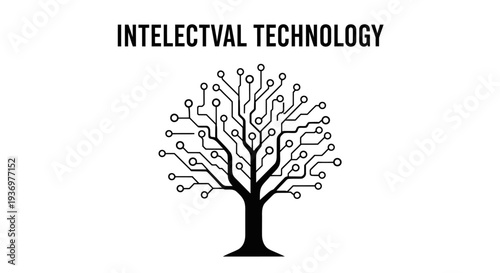 A black and white illustration depicting a stylized tree with circuit board branches and leaves, symbolizing intellectual technology and digital growth.
