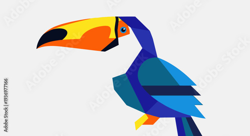 Stylized geometric toucan illustration with vibrant blue and orange colors on a clean white background, showcasing modern abstract art.