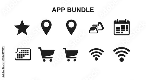 A collection of black app icons including star, location, calendar, shopping cart, and Wi-Fi symbols on a white background, labeled 'APP BUNDLE'.