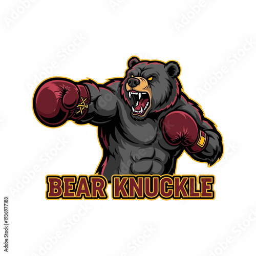 Aggressive Bear Boxer Mascot with Red Gloves and Bear Knuckle Text.