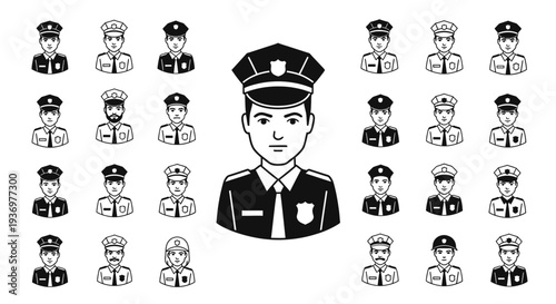 Collection of black and white police officer and security personnel avatar icons in a flat design style, featuring a large central figure.
