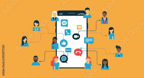 Diverse people avatars connecting through social network on a large smartphone screen, illustrating mobile communication and community, on an orange background.
