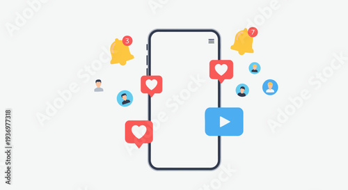Illustration of a smartphone surrounded by social media icons like notifications, likes, and user profiles, representing online interaction and digital communication.