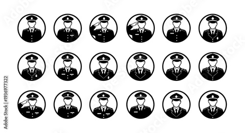 Set of black and white circular icons depicting military and police officers in uniform, some saluting, suitable for avatars or user profiles.
