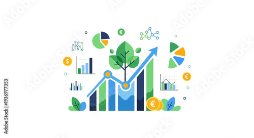 Sustainable Business Growth and Green Finance Investment Concept Illustration. Rising financial chart with tree symbolizing ESG strategy and long-term economic development.