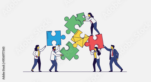 Diverse business people collaboratively building a giant colorful jigsaw puzzle on a light gray background, representing teamwork and problem solving.