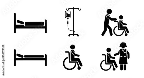 Set of black and white stick figures depicting various aspects of patient care, including hospital beds, IV drips, wheelchairs, and caregivers assisting patients.