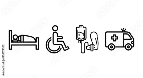 Line icons depicting various aspects of healthcare, including a hospital bed, wheelchair, IV drip, and ambulance.