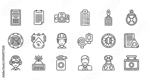 A collection of 18 black and white line icons representing various industrial, safety, medical, and technological concepts.