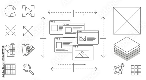 Line art illustration of web design and development concepts with browser windows, UI elements, and layout tools.