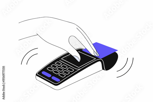 Contactless Card Payment on POS Terminal Minimal Vector Illustration. Minimal flat vector of a hand tapping a bank card on a POS terminal for contactless payment. Vector illustration