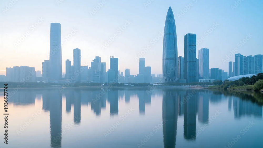 Obraz premium Modern city skyline with tall buildings reflecting in water