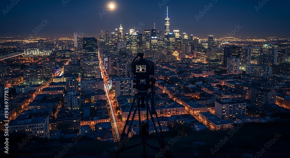 Fototapeta premium A camera on a tripod captures a panoramic night view of a sprawling metropolis under a moonlit sky. City lights twinkle