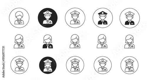 Collection of diverse police officer and generic user avatar icons in various outline and solid fill styles, depicting male and female figures.