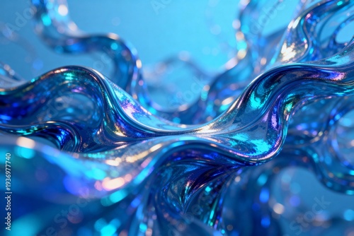 Abstract Blue Glass-Like Liquid Waves in Motion