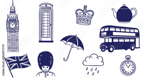 Iconic London Symbols Collection Featuring Big Ben A Red Phone Booth The Royal Crown A Double Decker Bus And The Union Jack Flag
