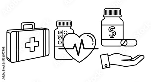 Line art illustration of medical and healthcare icons including a first aid kit, pills, heart with ECG, and a caring hand.