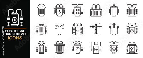 Electric power system transformer vector icon collection