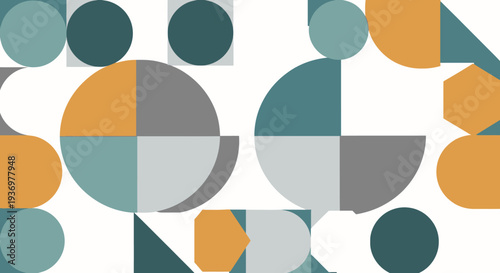 Abstract geometric pattern featuring a dynamic arrangement of circles, squares, triangles, and hexagons in teal, orange, and grey on a white background, creating a modern design.