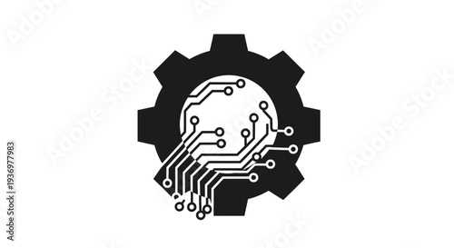 Black gear icon with integrated white circuit board design symbolizing the fusion of mechanical and electronic engineering.