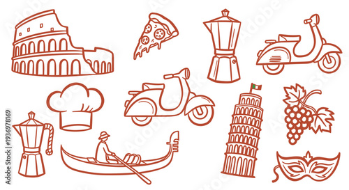 Iconic Italian Symbols Collection Featuring Colosseum Gondola Vespa Moka Pot Chef Hat Pizza Leaning Tower of Pisa Grapes and Mask