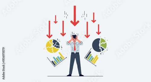 Stressed Businessman Experiencing Financial Crisis with Falling Red Arrows and Exploding Brain, business failure concept.