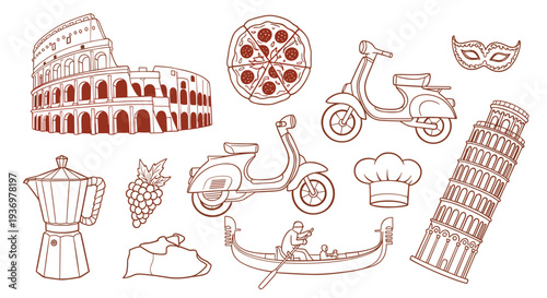 Iconic Italian symbols collage including colosseum pizza scooter gondola and leaning tower of pisa for travel and culture