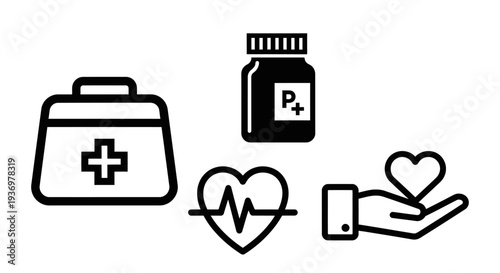 Set of medical and healthcare outline icons depicting medicine bottle, heartbeat, and care on an isolated white background.