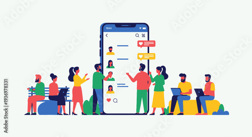 Diverse group of people interacting with a large mobile phone displaying a social networking application in a bright studio.