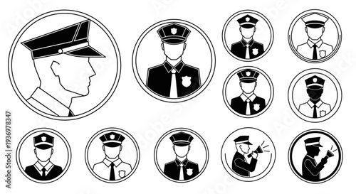 Set of professional police officer black and white icons showing various actions and poses on an isolated white background.