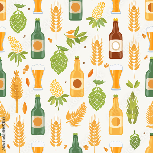 Assorted Beer Bottles and Hops Illustration.