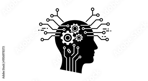Human head silhouette with gears and circuit board connections, symbolizing artificial intelligence, technological innovation, and smart thinking, isolated white background.