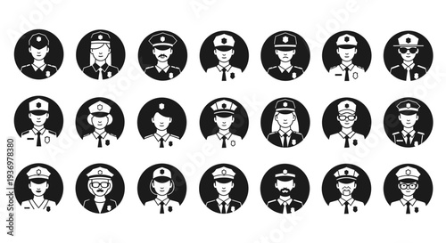 Extensive collection of diverse black and white avatars representing various male and female professionals and occupations, isolated white background.