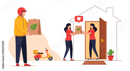 Vector graphic illustration depicting delivery service personnel completing an eco-friendly doorstep food drop-off transaction
