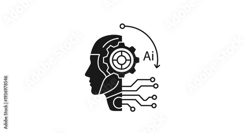 Artificial Intelligence and Machine Learning Black Silhouette Icon, isolated white background