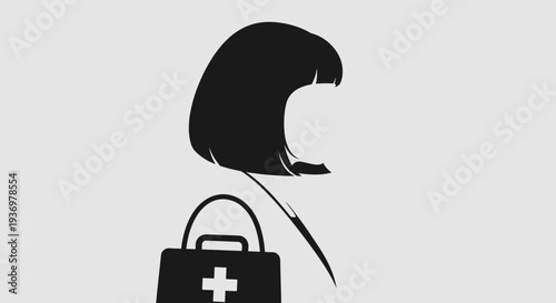 Stylized Silhouette Illustration of a Woman with Bob Haircut Holding a First Aid Bag