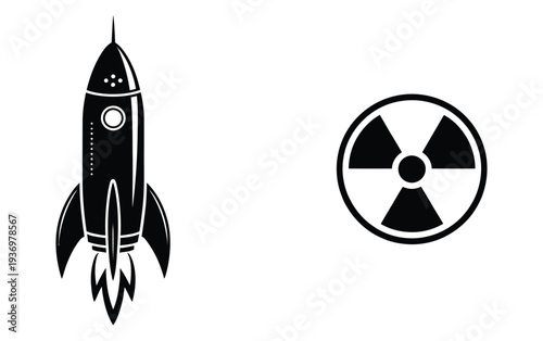 Black silhouette of a rocket and nuclear hazard symbol displayed, minimal vector graphic combining missile and radioactive warning sign