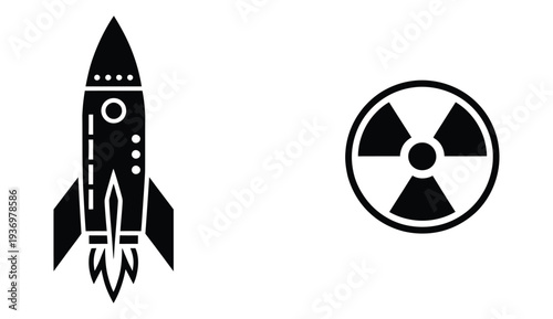 Black silhouette of a rocket and nuclear hazard symbol displayed, bold vector illustration representing danger