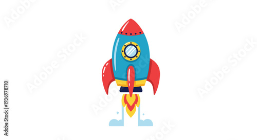 Colorful Cartoon Rocket Ship Launching Upwards.