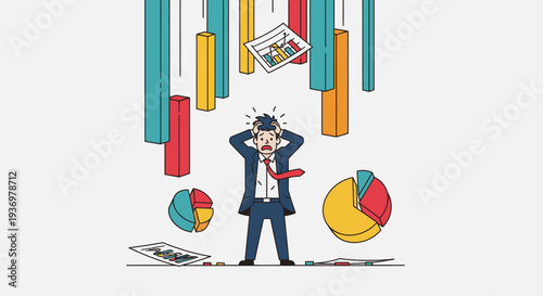 Stressed Businessman Overwhelmed by Falling Data and Financial Charts in a Business Crisis or Failure Scenario on a Bright Background