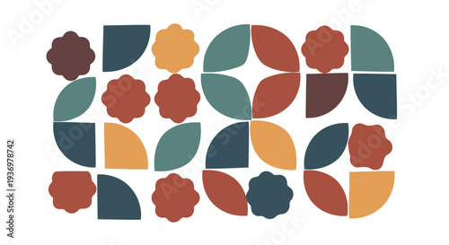 Colorful Abstract Geometric Pattern Background with Circular and Square Shapes in Modern Flat Design