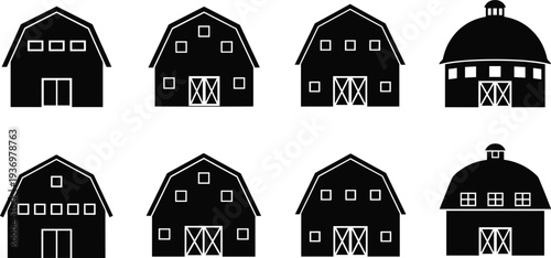 Farm barn silhouettes collection with rural agricultural buildings, classic countryside storage barns and farm structures isolated icon set