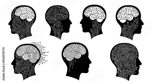Collection of Human Head Silhouettes with Brain and Circuit Board Patterns for AI and Technology Concepts on Isolated White Background