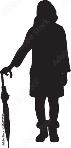 vector, silhouette of Front view silhouette of a woman posing with a closed umbrella