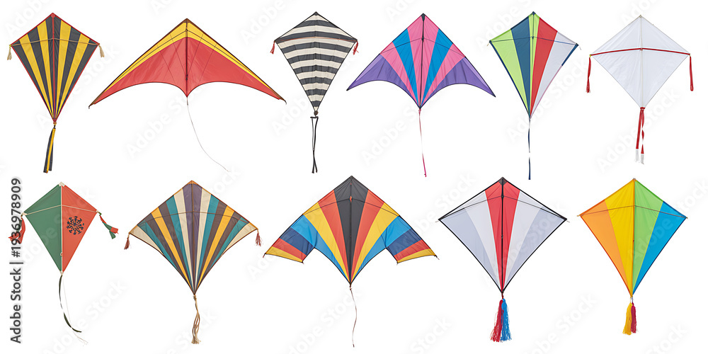 Obraz premium Collection of diverse patterned diamond shaped kites with tails isolated on white background