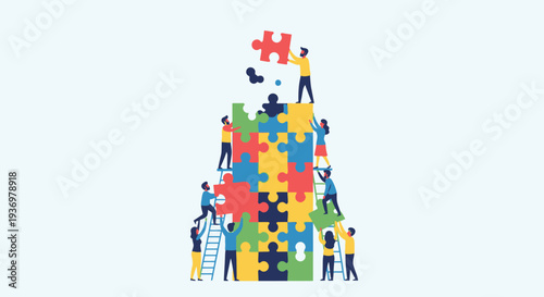 Small stylized people collaborate to build a tall structure from colorful jigsaw puzzle pieces, symbolizing teamwork and problem-solving.