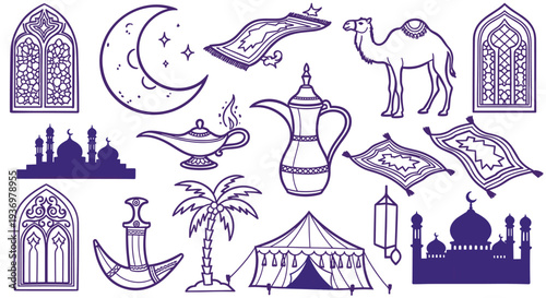 Collection of Arabian Nights themed icons including a camel, magic carpet, mosque, and crescent moon